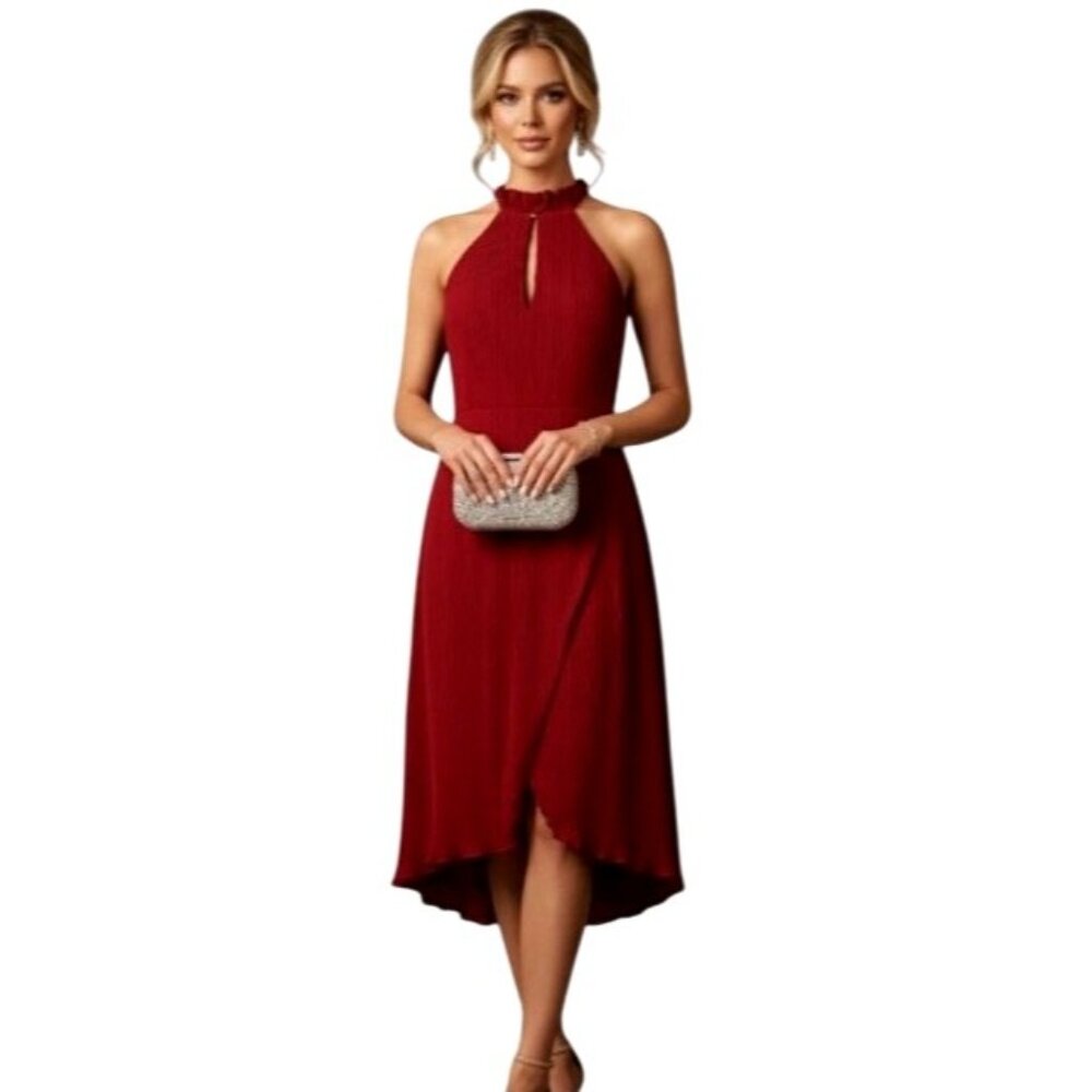 Keepsake the Label Skylines Red Pleated Chiffon Dress L Keyhole Wrap Cocktail